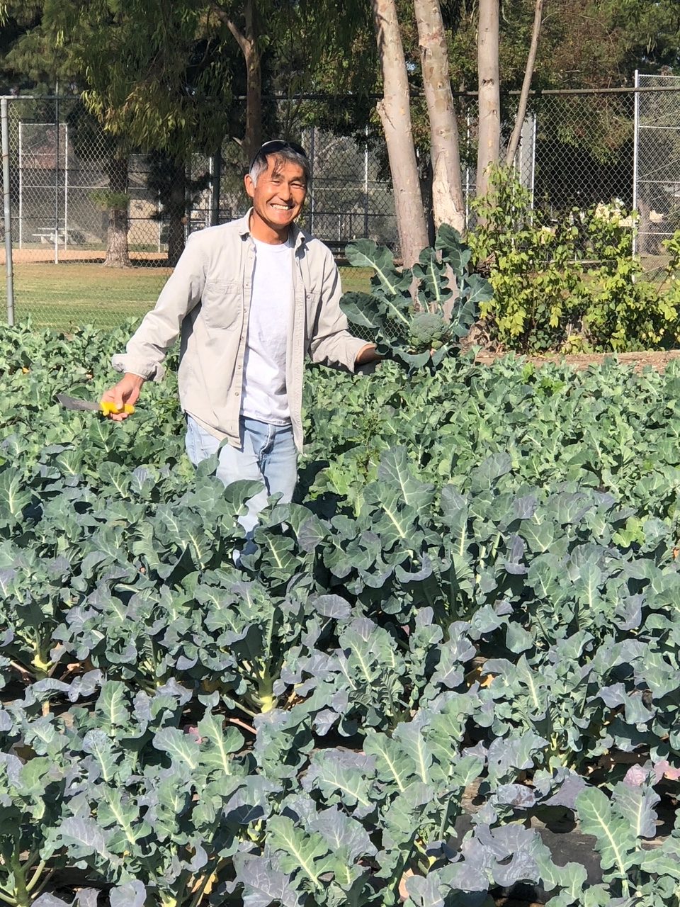 Farmer Eddie smiling among broccoli at The Giving Farm