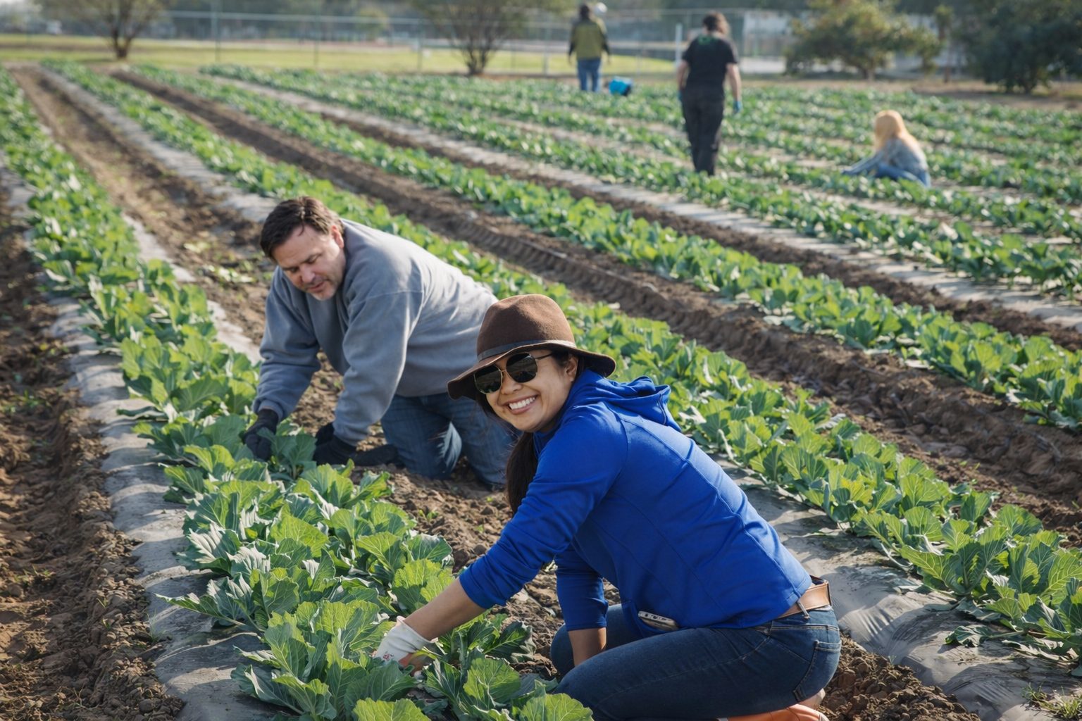 Volunteers working in crop rows at The Giving Farm, learning through hands-on agriculture